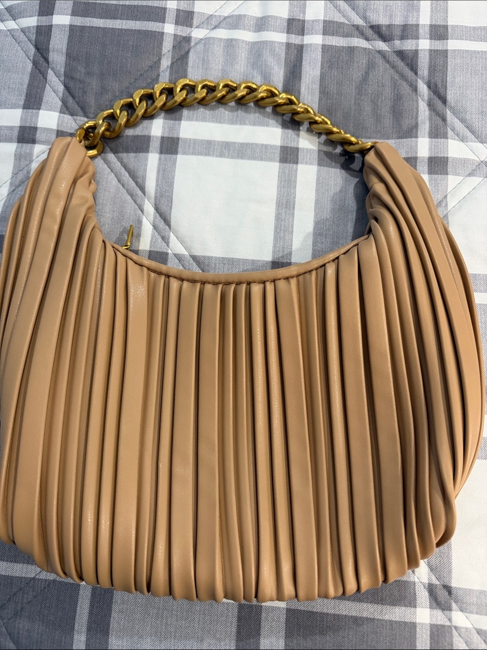 Madison West Pleated Shoulder Bag in Beige with Gold Chain